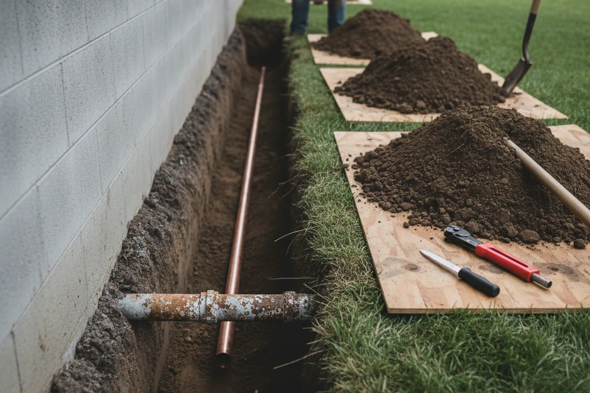 Excavated water line trench during Water Heater Repair in Perry Point